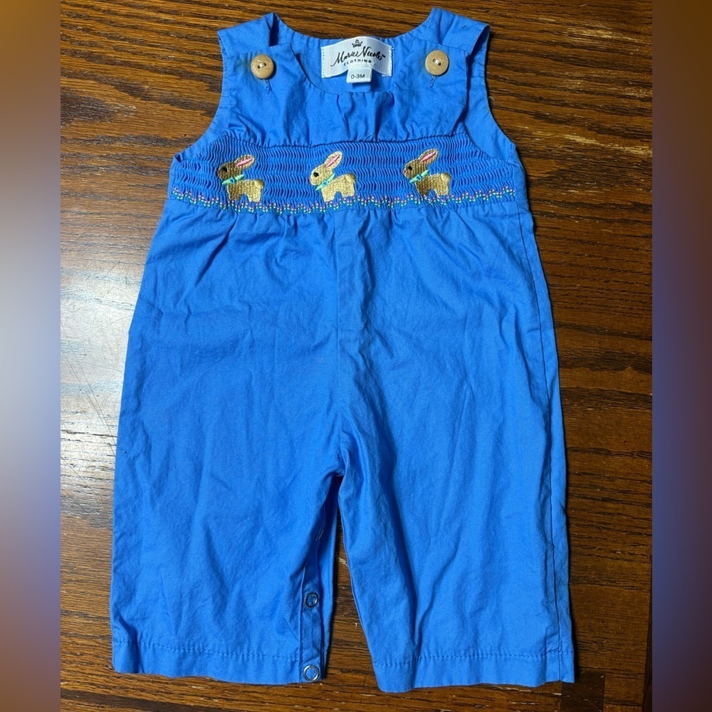 Marie Nicole Blue Baby Overalls with Embroidered Bunnies - Picture 1 of 3